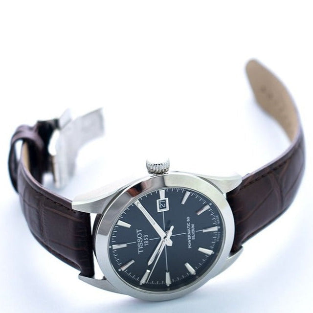 Tissot Gentleman Powermatic 80 Silicium Black Dial Brown Leather Strap Watch  For Men Watch for Men
