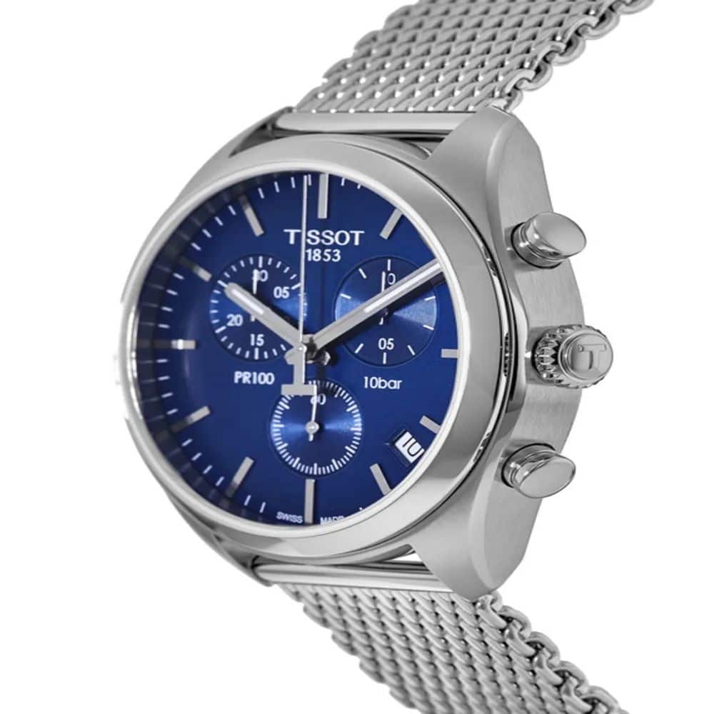 Tissot PR 100 Chronograph Blue Dial Silver Mesh Bracelet Watch for