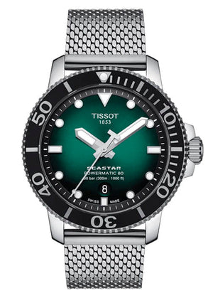 Tissot Seastar 1000 Powermatic 80 Automatic Green Dial Silver Mesh Strap Watch for Men - T120.407.11.091.00
