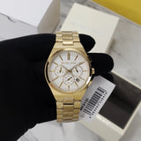 Michael Kors Lennox Chronograph White Dial Gold Steel Strap Watch For Men - MK9120