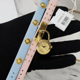 Versace Medusa Lock Icon Quartz Gold Dial Pink & Blue Leather Strap Watch For Women - VEDW00219