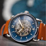 Fossil Commuter Automatic Skeleton Blue Dial Brown Leather Strap Watch for Men - ME3159