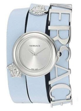 Versace V Flare Silver Dial Blue Leather Strap Watch for Women - VEBN00118