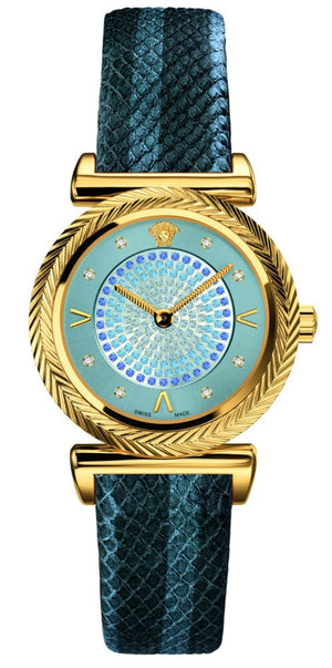 Versace V-Motif Vintage Logo Diamonds Blue Dial Blue Leather Strap Watch for Women - VERE01018