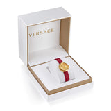 Versace Virtus Mini Quartz Gold Dial Red Leather Strap Watch For Women - VET300521