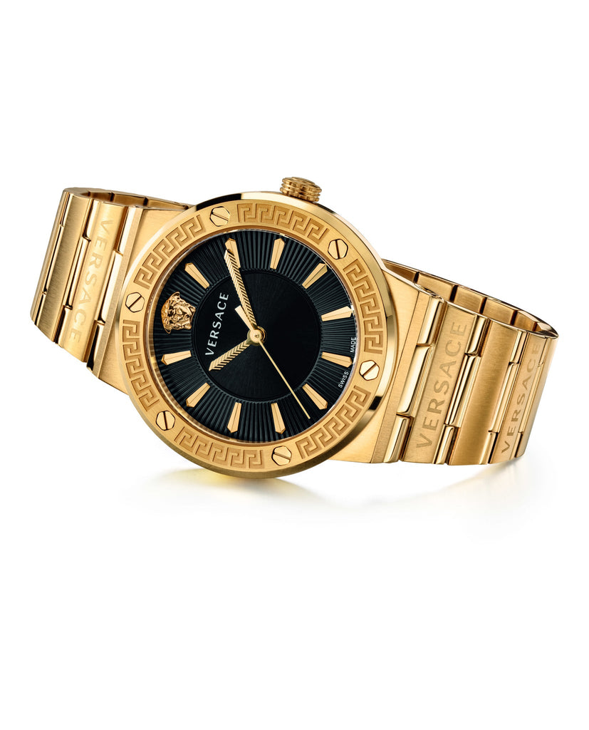 Versace Greca Black Dial Gold Steel Strap Watch สำหรับผู้หญิง