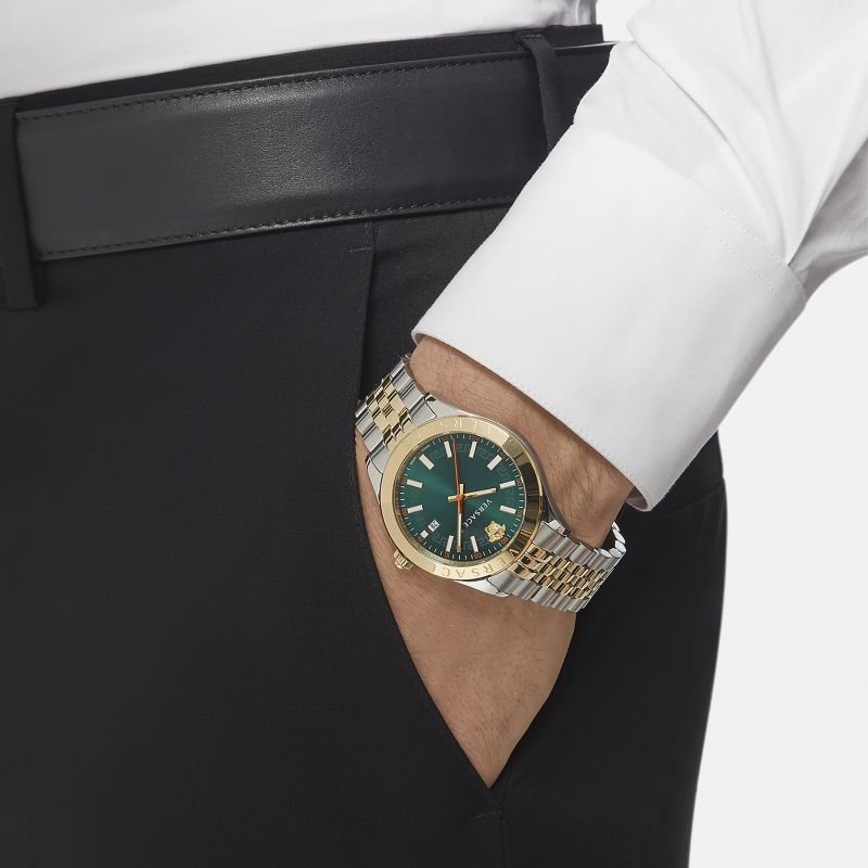 Versace Hellenium Green Dial Two Tone Steel Strap Watch for Men