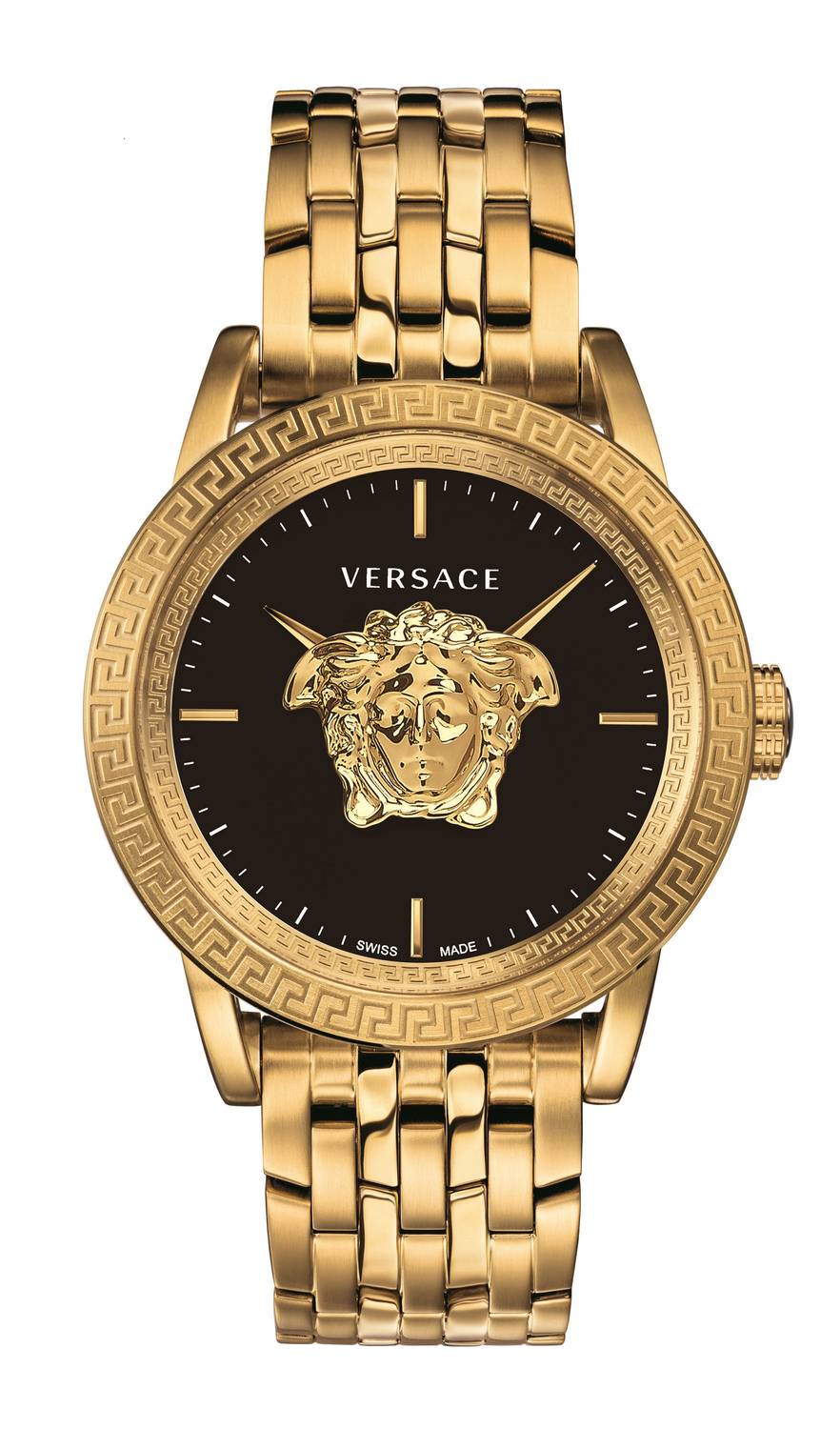 Versace Palazzo Empire Black Dial Gold Steel Strap Watch for Men