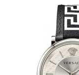 Versace V-Circle Silver Dial Black Leather Strap Watch for Men - VEBQ01219