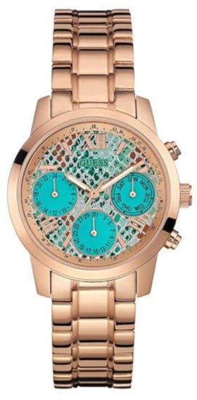 Guess Mini Sunrise Multi Function Analog Turquoise Dial Rose Gold Steel Strap Watch For Women - W0448L8