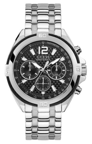 Guess Surge Chronograph Black Dial Silver Steel Strap Watch for Men - W1258G1