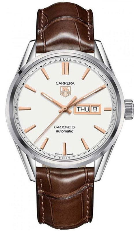 Tag Heuer Carrera Calibre 5 Jam Tangan Tali Kulit Coklat Dial Putih Otomatis untuk Pria - WAR201D.FC6291