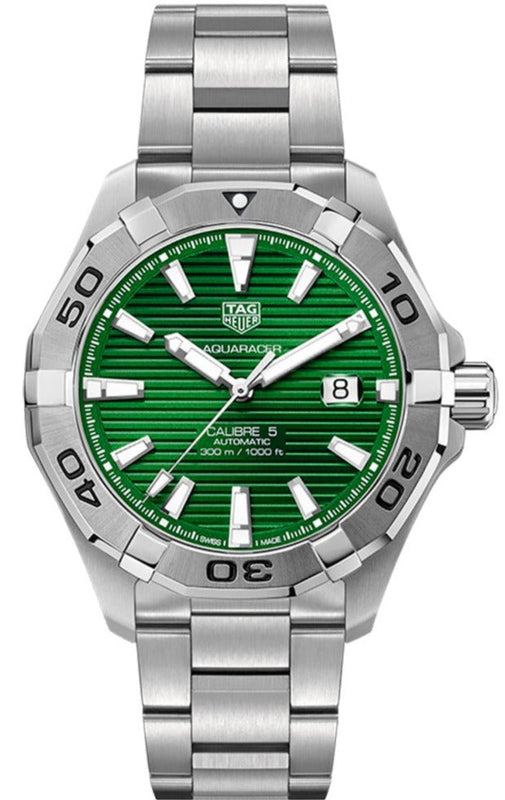 Tag Heuer Aquaracer Calibre 5 Automatic Green Dial Silver Steel Strap Watch untuk Pria - WAY2015.BA0927