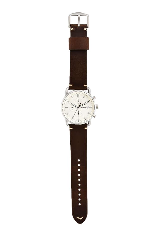Fossil The Commuter White Dial Brown Leather Strap Watch for Men