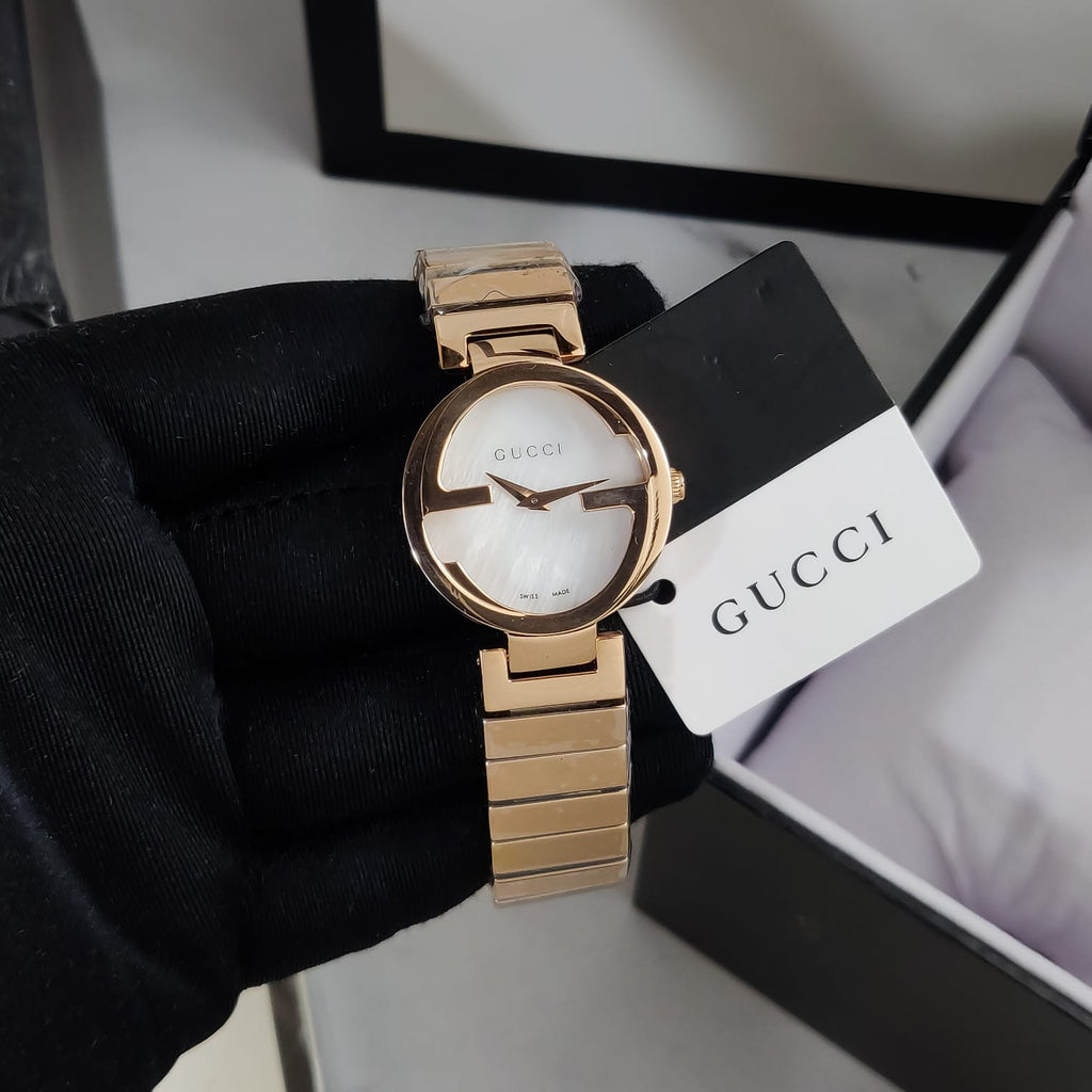 Gucci G Interlocking Mother of Pearl Dial Rose Gold Steel Strap