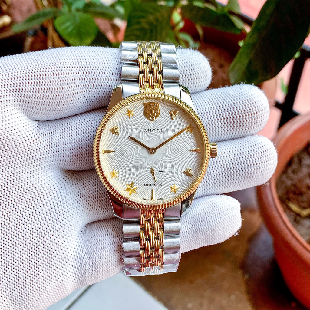 Gucci G Timeless Automatic White Dial Two Tone Steel Strap Watch