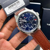 Tommy Hilfiger Asher Chrongraph Blue Dial Brown Leather Strap Watch For Men - 1791855