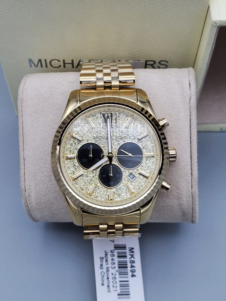 Michael Kors Lexington Crystals Gold Dial Gold Steel Strap Watch