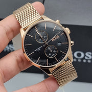 Hugo Boss Associate Chronograph Black Dial Rose Gold Mesh Bracelet Watch for Men - 1513806
