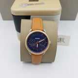 Fossil Tailor Date-Day Quartz Blue Dial Brown Leather Strap Watch for Women - ES4257