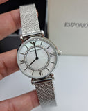 Emporio Armani Gianni T-Bar Quartz Mother of Pearl Dial Silver Mesh Bracelet Watch For Women - AR11319