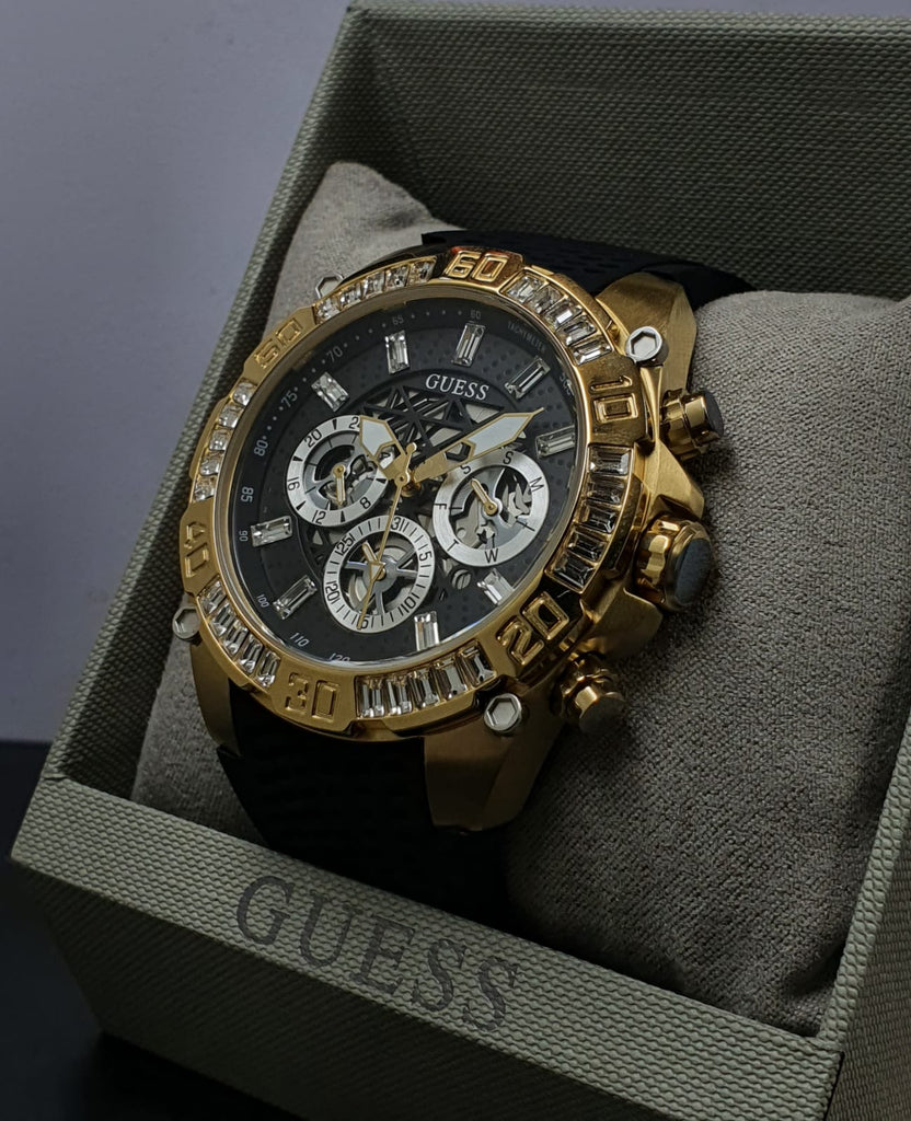 Guess Trophy Black Dial Rubber Men Multifunction Watch for Strap Black