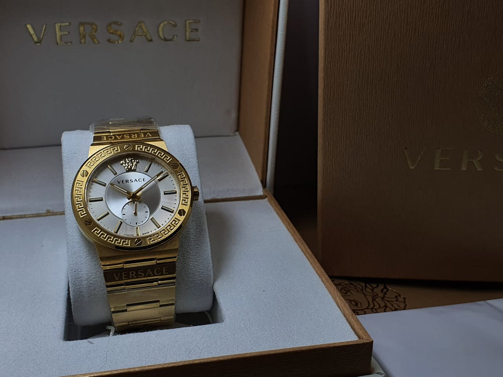 Versace Greca Silver Dial Gold Steel Strap Watch for Men