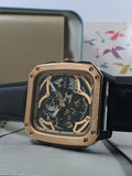 Fossil Inscription Automatic Skeleton Rose Gold Dial Black Leather Strap Watch for Men - BQ2572