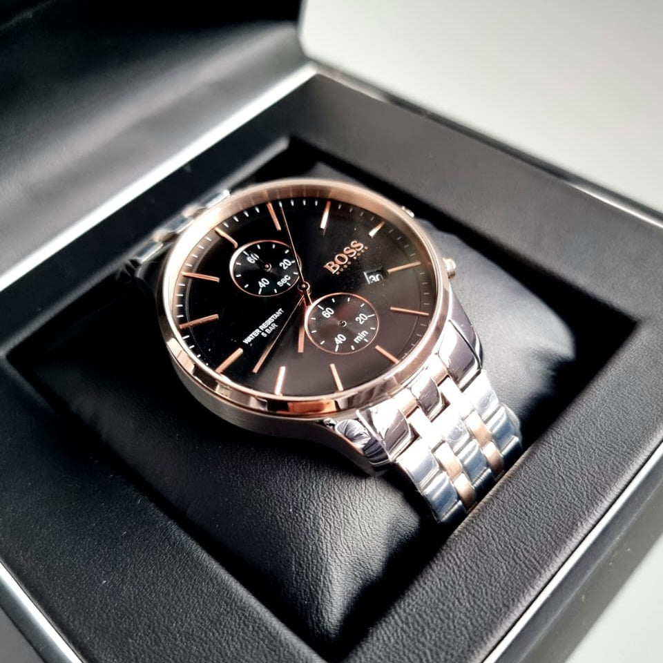 boss 一口目 Hugo Boss Associate Chronograph Black Dial Two Tone Steel Strap