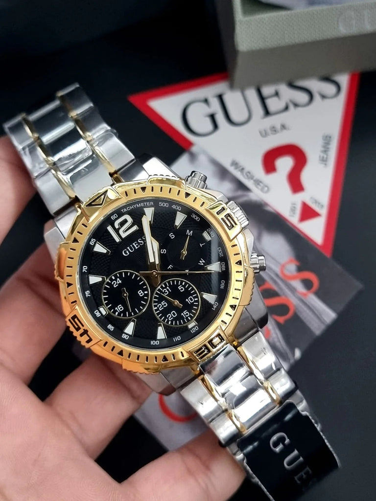 Guess Commander Chronograph Black Dial Men Two Strap Tone for Watch Steel