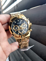 Guess Continental Black Dial Gold Steel Strap Watch for Men - GW0260G2