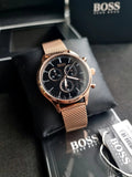 Hugo Boss Companion Quartz Black Dial Rose Gold Mesh Bracelet Watch For Men - HB1513548