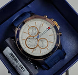 Tommy Hilfiger Bank Multifunction Quartz White Dial Blue Rubber Strap Watch for Men - 1791778