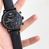 Emporio Armani Dress Chronograph Black Dial Black Leather Strap Watch For Men - AR1918