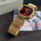 Guess Quartz Red Dial Gold Mesh Strap Watch For Women - GW0354L4