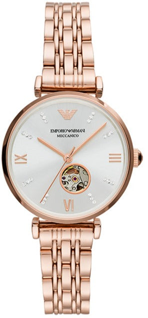 Emporio Armani Gianni T-Bar Silver Dial Rose Gold Steel Strap Watch For Women - AR60023