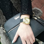 Guess G Twist Gold Dial Black Leather Strap Watch for Women - W0911L3