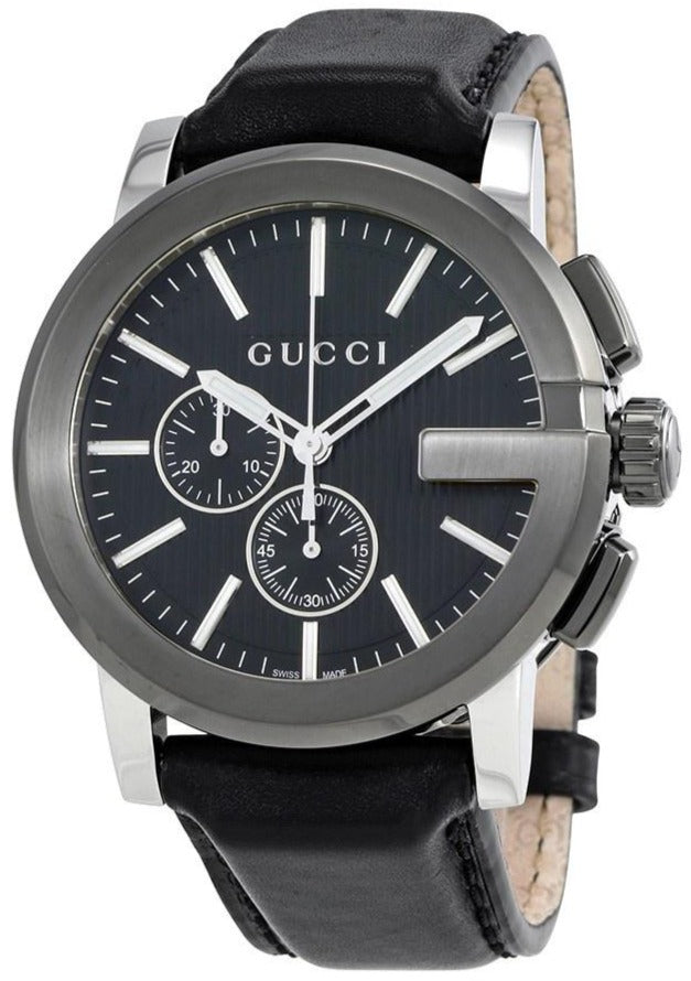 Gucci G Chrono Black Dial Black Leather Strap Watch For Men