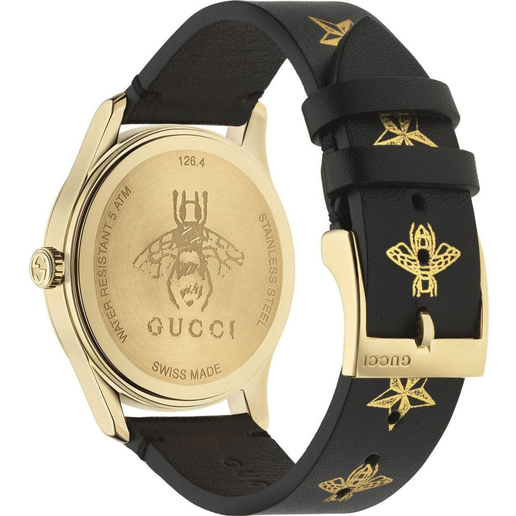 Gucci G Timeless Bee Motif Black Dial Black Leather Strap Watch
