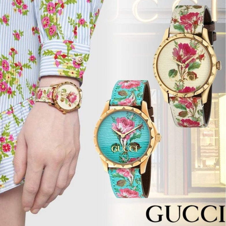 Gucci Timeless Floral Logo Leather Quartz Watch Ivory Gold Gucci G Timeless Floral Gold Dial White Leather Strap Watch  main image 4