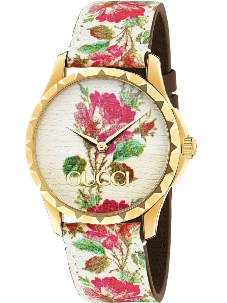 Gucci G Timeless Floral Gold Dial White Leather Strap Watch For Women