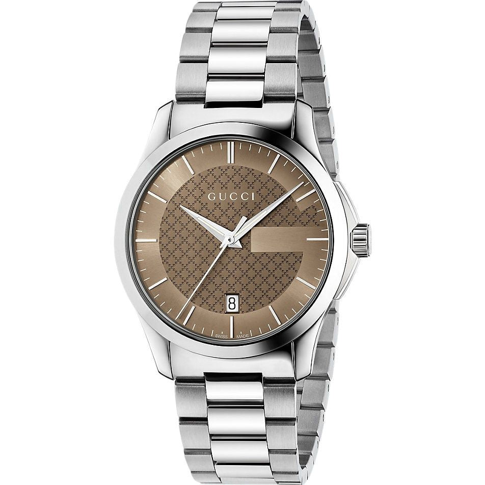 Gucci G Timeless Brown Dial Silver Steel Strap Watch For Men