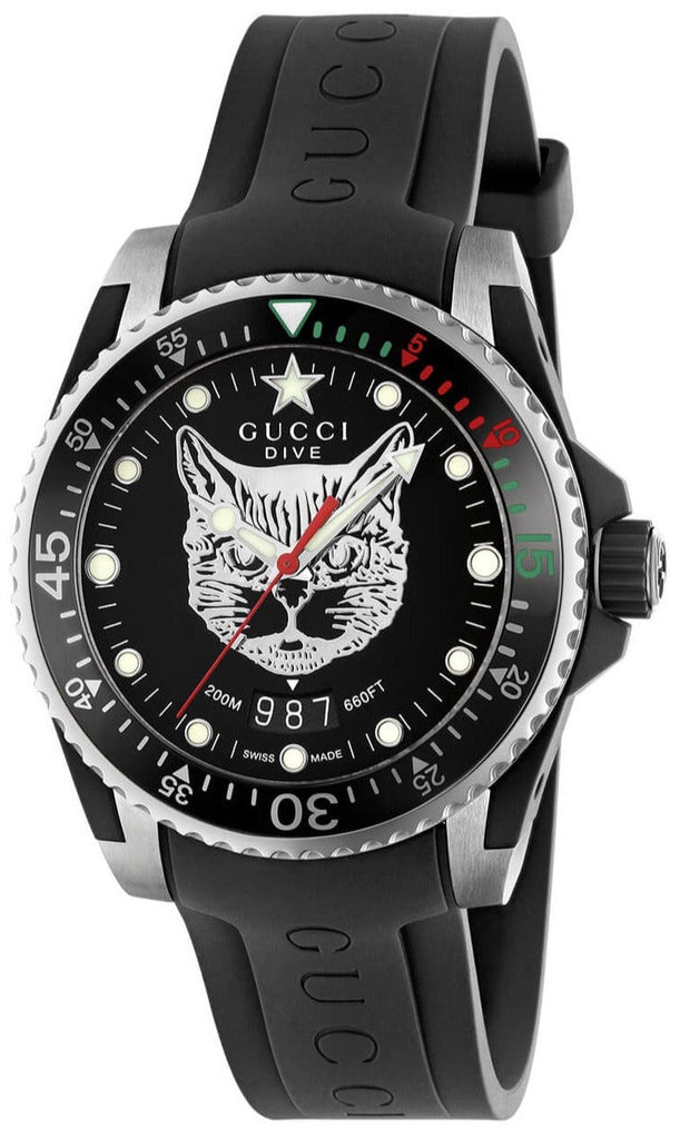 Gucci Dive Feline Black Dial Black Rubber Strap Watch For Men