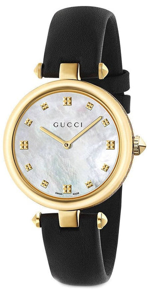 Gucci Diamantissima Quartz Mother of Pearl Dial Black Leather Strap Watch for Women - YA141404