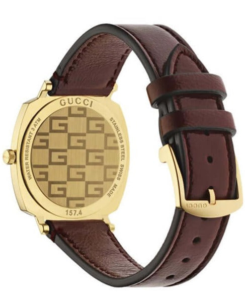 Gucci Grip Quartz Yellow Gold Dial Maroon Leather Strap Watch For