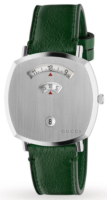 Gucci Grip Silver Dial Green Leather Strap Unisex Watch