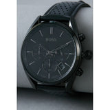 Hugo Boss Champion Chronograph Black Dial Black Leather Strap Watch for Men - 1513880