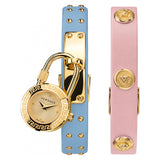 Versace Medusa Lock Icon Quartz Gold Dial Pink & Blue Leather Strap Watch For Women - VEDW00219