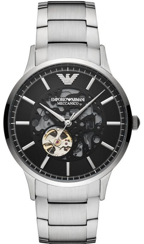 Emporio Armani Meccanico Automatik Uhr fur Herren schwarzes Zifferblatt silbernes Stahlarmband