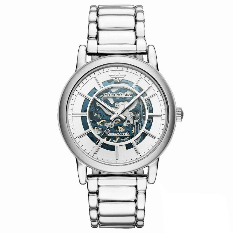 Emporio Armani Meccanico Automatic Silver Dial Silver Steel Strap Watc